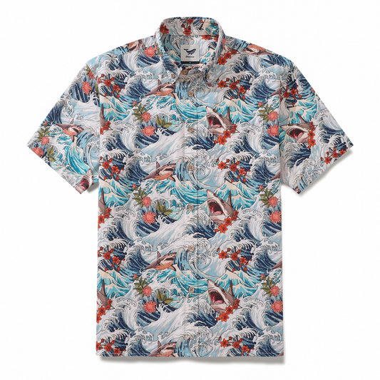 Men's Hawaiian Shirt Turbulence at Sea with Sharks Print Cotton Button-down Short Sleeve Aloha Shirt