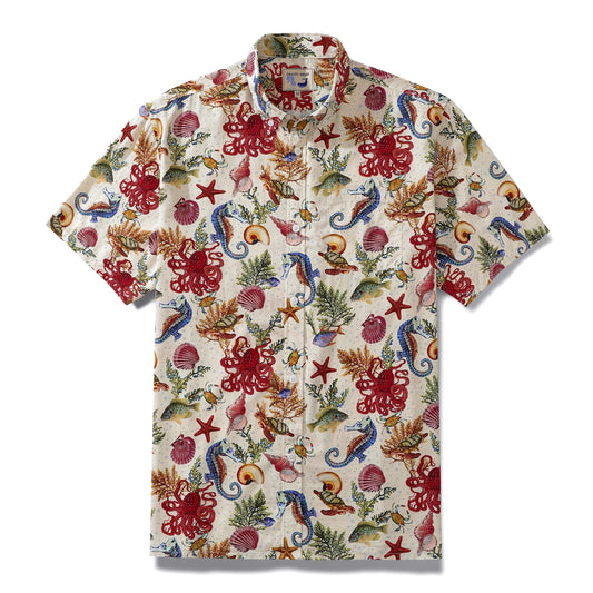 Men's Funky Hawaiian Shirt Marine Life Seahorse Octopus Print Button-down Tencel™
