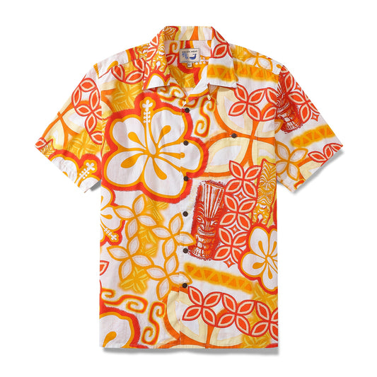 Hawaiian Shirts For Men Tikirob Designer Shirt Orange Totem 100% Cotton