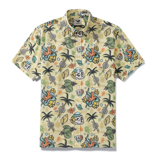 Men's Hawaiian Shirt Tropical Wilderness Skull Print By Loinda Flow Cotton Button-down Short Sleeve Aloha Shirt