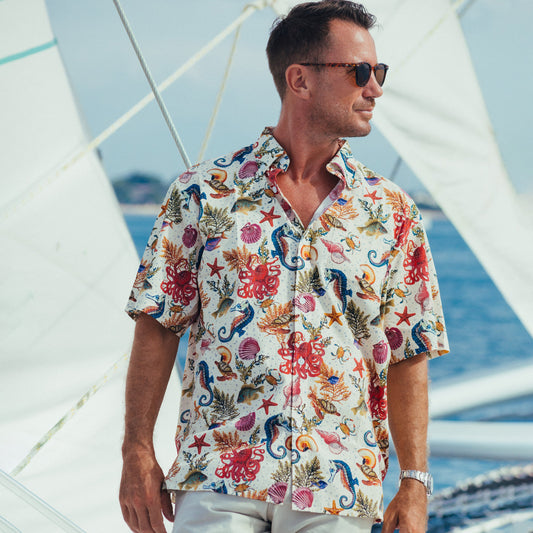 Men's Funky Hawaiian Shirt Marine Life Seahorse Octopus Print Button-down Tencel™