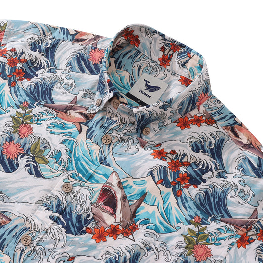 Men's Hawaiian Shirt Turbulence at Sea with Sharks Print Cotton Button-down Short Sleeve Aloha Shirt